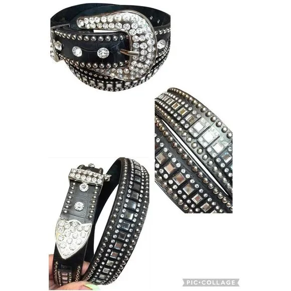 Western Rhinestone Crystal Belt Black Genuine Leather Croc Embossed Studded SM - Picture 1 of 15